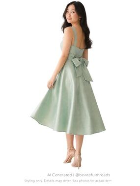 Mint Shimmer Satin Bow Back Midi Dress Vacation Resort Wedding Guest A-Line 12